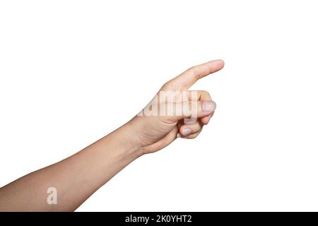 Homme main touchant ou pointant vers quelque chose isolé sur fond blanc inclut le chemin d'écrêtage. Banque D'Images