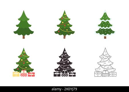 Ensemble d'arbres de Noël décorés de guirlandes avec des cadeaux sur fond blanc. Illustration vectorielle. Style de dessin animé plat, silhouette et dessin au trait Vecto Illustration de Vecteur