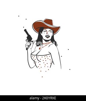 Dessin à la main vecteur graphique clipart illustration boho cowgirl en chapeau portrait.Western concept de conception féminine.Bohème sauvage ouest art contemporain Illustration de Vecteur