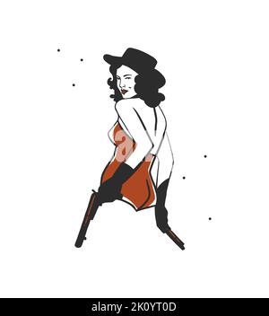 Dessin à la main vecteur graphique clipart illustration boho cowgirl en chapeau portrait.Western concept de conception féminine.Bohème sauvage ouest art contemporain Illustration de Vecteur