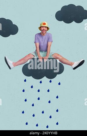 Portrait vertical de collage de gars joyeux et excités assis au-dessus du nuage pluvieux isolé sur fond peint créatif Banque D'Images