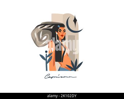 Dessin à la main vecteur stock abstrait plat graphique illustration avec zodiaque astrologique contemporain signe Capricorne avec beauté magie personnage femelle Illustration de Vecteur