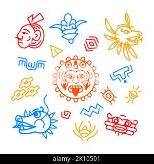 Signe tribal Maya - jeu d'illustrations de style de dessin de ligne coloré Illustration de Vecteur