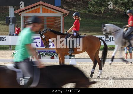 Rocca Di Papa, Italie. 14th septembre 2022. Sport équestre: Championnat du monde, Evesting, dressage. Le dressage Alina Dibowski (Allemagne) se déplace à la Barbade pendant une séance d'entraînement. Les chevaux évétants allemands sont en forme pour les championnats du monde en Italie. Les cinq amis à quatre pattes ont passé l'examen vétérinaire sans aucune plainte. Les compétitions du triathlon équestre débuteront jeudi avec dressage. Après le cross-country samedi, la décision sera prise dans le saut le dimanche. Credit: Friso Gentsch/dpa/Alay Live News Banque D'Images