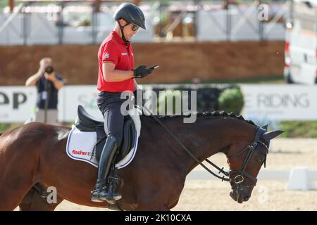 Rocca Di Papa, Italie. 14th septembre 2022. Sport équestre : championnat du monde, concours, dressage. Le dressage Michael Jung (Allemagne) passe à Chipmunk et regarde son téléphone cellulaire pendant une session d'entraînement. Les chevaux évétants allemands sont en forme pour les championnats du monde en Italie. Les cinq amis à quatre pattes ont passé l'examen vétérinaire sans aucune plainte. Les compétitions du triathlon équestre débuteront jeudi avec dressage. Après le cross-country samedi, la décision sera prise dans le saut le dimanche. Credit: Friso Gentsch/dpa/Alay Live News Banque D'Images