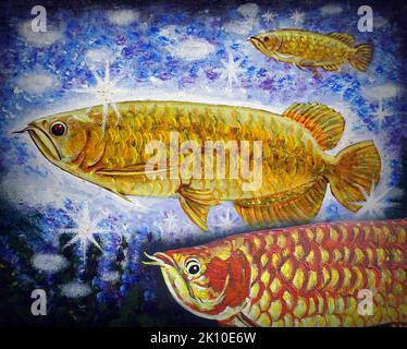 huile de peinture de poissons arowana Banque D'Images