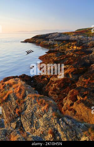 Vue de point Lynas en direction de Snowdonia au premier feu. Anglesey, pays de Galles du Nord, Royaume-Uni. Banque D'Images