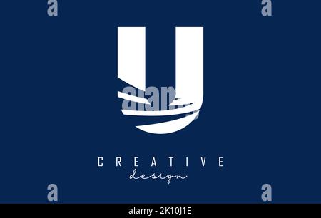 Logo lettre U blanc avec lignes de tête et motif espace négatif. Lettre avec motif géométrique et de coupures créatives. Illustration vectorielle avec lettre. Illustration de Vecteur
