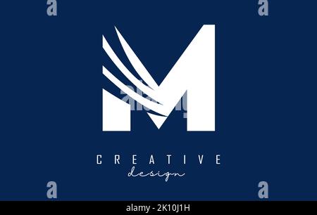 Logo M en lettres blanches avec lignes de tête et motif espace négatif. Lettre avec motif géométrique et de coupures créatives. Illustration vectorielle avec lettre. Illustration de Vecteur