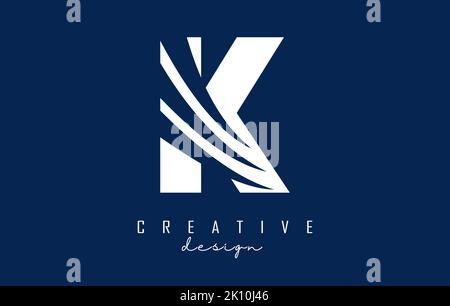 Logo K blanc avec lignes de tête et motif espace négatif. Lettre avec motif géométrique et de coupures créatives. Illustration vectorielle avec lettre. Illustration de Vecteur