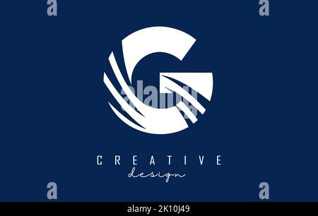 Logo G blanc avec lignes de tête et motif espace négatif. Lettre avec motif géométrique et de coupures créatives. Illustration vectorielle avec lettre. Illustration de Vecteur