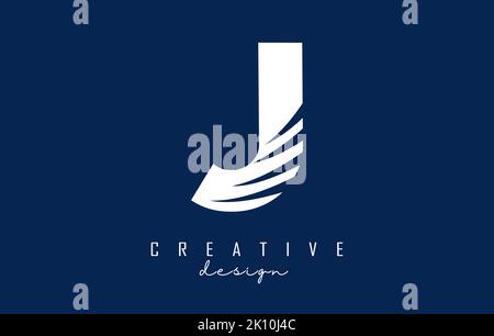 Logo J blanc avec lignes de tête et motif espace négatif. Lettre avec motif géométrique et de coupures créatives. Illustration vectorielle avec lettre. Illustration de Vecteur
