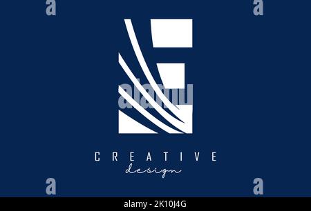 Logo E blanc avec lignes de tête et motif espace négatif. Lettre avec motif géométrique et de coupures créatives. Illustration vectorielle avec lettre. Illustration de Vecteur