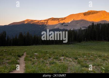 Le sentier Middle Fork Cutooff Trail descendant vers Rendezvous Mountain depuis le sentier Teton Crest. Parc national de Grand Teton, Wyoming Banque D'Images