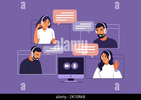 Réunion vidéo du groupe de personnes. Réunion en ligne par vidéoconférence. Travail à distance, concept technologique. Illustration vectorielle de style plat. Illustration de Vecteur