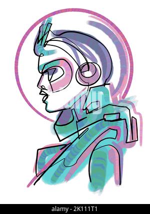 Profil de femme-astronaute dans un costume d'espace, portrait vectoriel minimaliste Illustration de Vecteur
