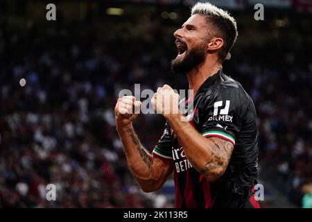 Milan, Italie. 14th septembre 2022. Olivier Giroud (AC Milan) célèbre son but lors de la Ligue des champions de l'UEFA, Groupe E, match de football joué entre Milan AC et Dinamo Zagreb au stade San Siro sur 14 septembre 2022 à Milan, Italie. Photo Morgese-Rossini/DPPI crédit: DPPI Media/Alay Live News Banque D'Images