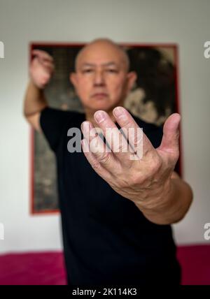 Un homme senior pratiquant les arts martiaux à l'intérieur. Banque D'Images