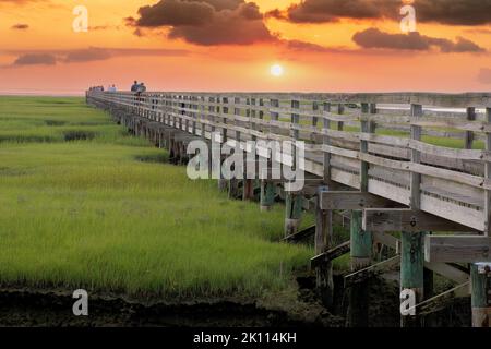 Vue panoramique du coucher de soleil coloré de Cape Cod sur une promenade en bois surélevé qui s'étend sur un marais d'eau salée protégé à Grays Beach, port de Yarmouth, Massachusetts. Banque D'Images