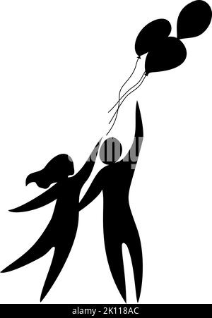 Romantique silhouette abstraite de couple amoureux avec ballons volants. Noir isolé sur blanc. Saint-Valentin 14 février. Heureux amoureux. Illustrateur vectoriel Illustration de Vecteur