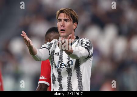 Turin, Italie. 14th septembre 2022. Dusan Vlahovic de Juventus réagit lors du match de la Ligue des champions de l'UEFA au stade Juventus, à Turin. Crédit photo à lire: Jonathan Moscrop/Sportimage crédit: Sportimage/Alay Live News Banque D'Images