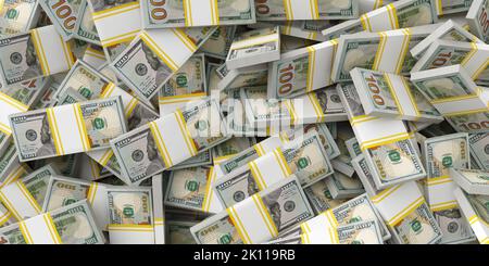 Dollars en paquets d'argent. Le concept d'affaires de monnaie américaine avec billets de banque en dollars. Texture d'arrière-plan de la pluie d'argent gagnante du jackpot. 3d rendu illu Banque D'Images