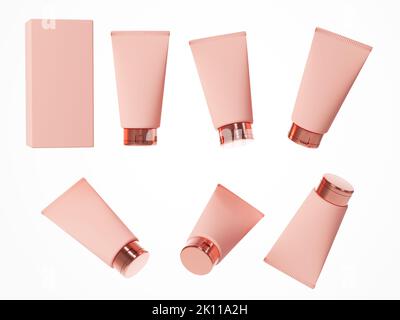 Six vues différentes de la crème beige cosmétique tube avec rose or bouchon avec boîte isolée sur fond blanc 3D rendu, soin emballage du produit et Banque D'Images
