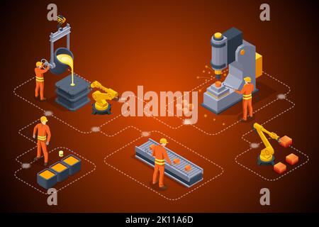 Production et métallurgie de l'acier industriel isométrique. Procédés de métallurgie de la fonderie dans les ouvriers d'usine. Acier chaud versé dans une usine d'acier four de Blast Illustration de Vecteur