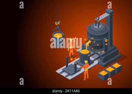 Production et métallurgie de l'acier industriel isométrique. Procédés de métallurgie de la fonderie dans les ouvriers d'usine. Acier chaud versé dans une usine d'acier four de Blast Illustration de Vecteur