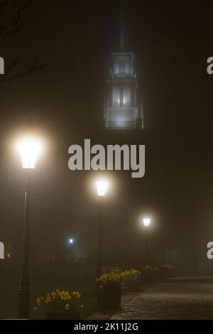 Newport clock bell tower church on a foggy night Stock Photo