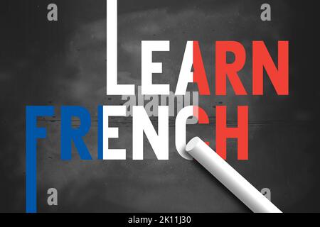 Apprenez le français avec la couleur drapeau de France sur tableau noir, rendu 3D Banque D'Images