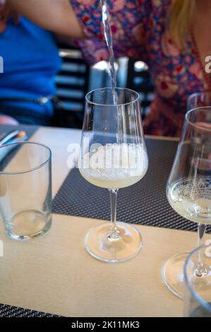 Boisson de txakoli ou de chacolí vin blanc légèrement mousseux très sec produit dans le pays basque espagnol, servi dans le restaurant de Getaria Fisherman's Banque D'Images