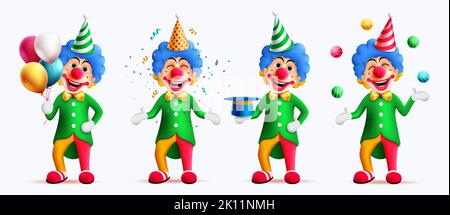 Ensemble de personnages vectoriels de clown d'anniversaire. Collection de personnages de divertissement de buffle jouant des tours pour les enfants fête célébration fond. Vecteur Illustration de Vecteur