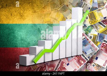 Graphique de l'économie : flèche montante, billets en euros en espèces et drapeau lituanien (monnaie, économie, affaires, finances, crise) Banque D'Images