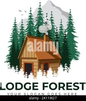 logo de la cabine de bois graphique vectoriel avec cheminée, fumée, oiseaux, pins et montagne pour toute entreprise particulièrement pour les activités de plein air, la chasse, le voyage et ho Illustration de Vecteur