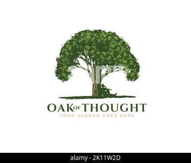 seul homme assis sous un grand chêne vert pensant à quelques idées Illustration de Vecteur