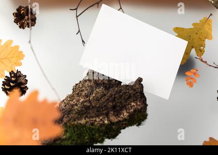 Feuilles d'automne sur un fond de plusieurs niveaux, avec des éléments naturels, du bois flotté et des branches. Maquette d'une carte postale blanche. Photo de haute qualité Banque D'Images