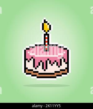 gâteau d'anniversaire 8 bits pixel. nourriture pour les ressources de jeu dans l'illustration vectorielle. Illustration de Vecteur