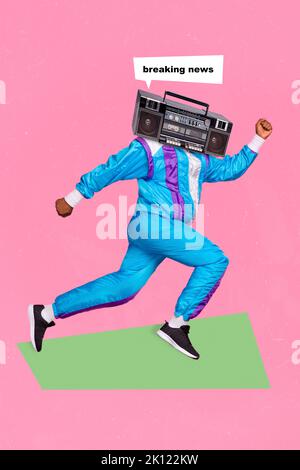 Portrait vertical de collage de la personne sportive vintage radio au lieu de la tête courir pressé de briser les nouvelles isolées sur fond rose Banque D'Images