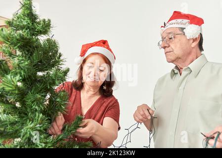 Couple hispanique senior commençant le processus de décoration d'un arbre de Noël, mettant une série de lumières LED dessus, portant des chapeaux rouges de Père Noël, l'un de Banque D'Images