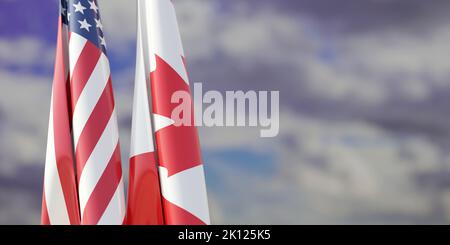 Relations entre le Canada et les États-Unis. Drapeaux américains et canadiens sur le poteau, fond ciel nuageux, rendu en 3D Banque D'Images