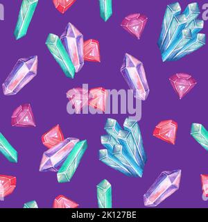 Motif sans couture avec pierres précieuses en cristal de conte de fées colorées sur fond violet. Illustration aquarelle peinte à la main. Pierres précieuses multicolores pour carte, p Banque D'Images