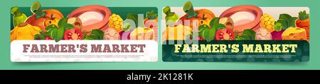 Ensemble de modèles de bannière du marché agricole. Illustration vectorielle de légumes frais, de produits laitiers et d'œufs colorés sur fond vert et blanc. Annonce de vente de produits biologiques, design de la circulaire Illustration de Vecteur