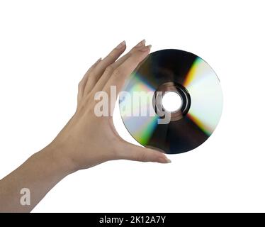 un disque compact dans la main femelle sur fond blanc Banque D'Images