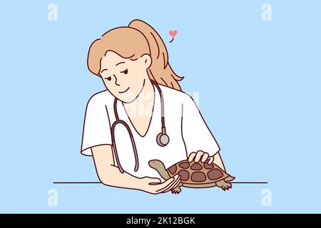 Femme souriante vétérinaire prendre soin de la tortue à l'hôpital. Bonne femme vétérinaire médecin traitant petit animal domestique dans la clinique. Illustration vectorielle. Illustration de Vecteur