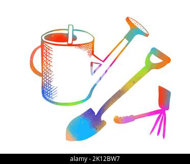 arrosoir d'objets colorés, pelle, hachoir . Illustration vectorielle Illustration de Vecteur