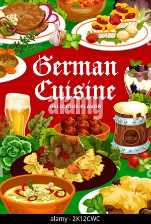 Plats allemands, couverture du menu du restaurant de cuisine allemande, affiche vectorielle. Plats de lancement et de dîner traditionnels allemands, saucisses de schnitzel et de curry, soupes et salades avec dessert et bière Illustration de Vecteur