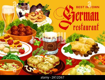 Le menu du restaurant de cuisine allemande est couvert, plats et repas traditionnels, affiche vectorielle. Cuisine allemande déjeuner et dîner plats, schnitzel et curry saucisses wurst, pommes de terre, poisson et cocotte Illustration de Vecteur