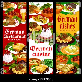 Banderoles de cuisine allemande, plats et repas de restaurant, déjeuner et dîner vectoriels. Nourriture traditionnelle allemande schnitzel et curry wurst saucisses, bière, crêpes et cocotte avec viande et pomme de terre Illustration de Vecteur