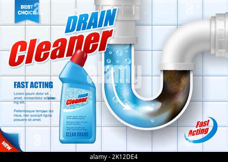 Affiche vectorielle de produit de nettoyage pour tuyaux de vidange. Bouteille de détergent près d'un siphon de bassin obstrué sur fond de carreaux de salle de bains. Realistic 3D Pack Promo mockup pour le nettoyage de tuyau de vidange design publicitaire Illustration de Vecteur